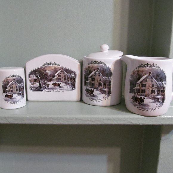 Currier & Ives 5 pc Stoneware Table Top Set American Homestead Winter MCNY - Picture 1 of 16